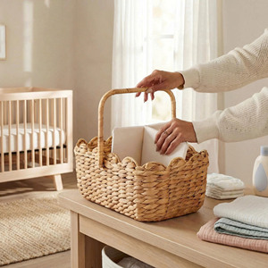 Artisanal Water Hyacinth <b>Storage</b> <b>Basket</b> With Handle <b>Rectangle</b> Shape Rustic Style Multi-Purpose Organizing Caddy For Babies Room - Product Image 6