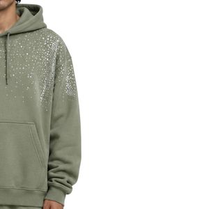 Sweat à capuche oversize en molleton vert sauge pour homme, imprimé étoiles en strass, en coton épais, style streetwear, décontracté pour l'hiver - Product Image 4