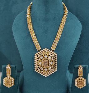 Conjunto de collar largo de latón con piedras dobles de moissanita Polki, diseño hermoso, estilo real, perfecto para fiestas y ocasiones festivas. - Product Image 2