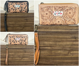 Cartera de mano de cuero vacuno premium con diseño floral a cuadros y grabado, con cremallera y múltiples ranuras para tarjetas para mujer - Product Image 4