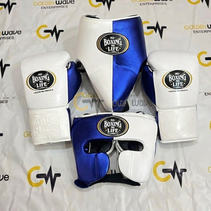 Nouveaux gants de boxe professionnels en cuir « No Boxing No Life », ensemble d'entraînement à lacets, blanc et bleu, fabriqués au Mexique, sur mesure pour adultes - Product Image 2