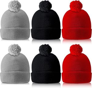 Bonnet en tricot unisexe en acrylique avec pompon, bord côtelé, chaud pour l'hiver, couleur unie pour adultes - Product Image 1