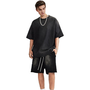 Conjunto de Verano para Hombre, Estilo Casual, Lavado Ácido, Talla Grande, Vintage, Dos Piezas, Pantalones Cortos y Camiseta Transpirable, Unisex - Product Image 1