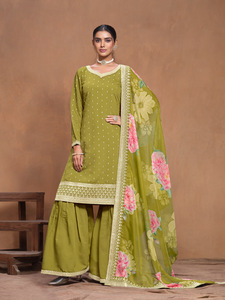Ensemble Sharara semi-couture en soie romaine moderne brodé pour fêtes, mariages, Diwali et bals de promo - Product Image 4