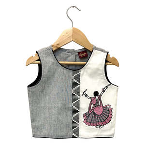 Girls Sleeveless <b>Top</b> with Dhoti Grey & Coral Placement Embroidered Cotton <b>Indian</b> & Pakistani Clothing - Product Image 5