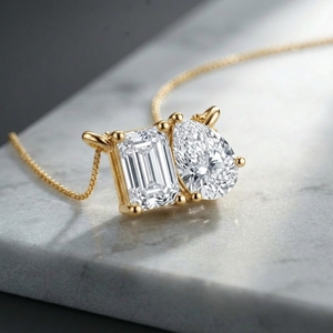 Two Stone Solitaire Pendent Yellow Gold <b>Emerald</b> And Pear Cut Lab Grown Diamonds Everyday Wear <b>Pendant</b> Necklace - Product Image 3