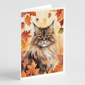 Gato británico de pelo largo en hojas de otoño caprichoso tamaño A7 5x7 tarjetas de notas en blanco paquete 8 con sobres juego de tarjetas de felicitación - Product Image 1