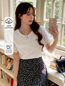 Customized Trim Eyelet Lace Sleeve Crewneck Tee Custom Logo Chic <b>Tops</b> Elegant Clothing Apparel Preppy Women's Shirts Summer - Product Image 3