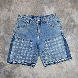 Pantalones Cortos Vaqueros Rectos de Mezclilla Viral para Hombre, con Bajo Desgastado, Bordados, con Apliques de Pedrería, Estilo Urbano y Deportivo - Product Image 2