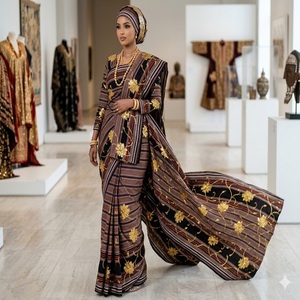 Sari de Mujer Ecológico de Alta Calidad, Tejido Jacquard, Bordado, a Rayas, Floral, de Poliéster/Algodón, Peso Medio, para Boda - Product Image 1