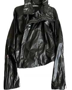 Unisex <b>Black</b> Genuine Leather Moto Jacket <b>Turtleneck</b> Zipper Closure Chains Decoration Slim Fit Regular Length Autumn Style - Product Image 3
