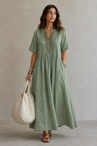 Boho Sage Green V Neck Pleated Flared Linen Blend Maxi <b>Dress</b> Short Sleeve <b>Loose</b> Fit Casual Vintage Summer Beach Women's <b>Dress</b> - Product Image 3