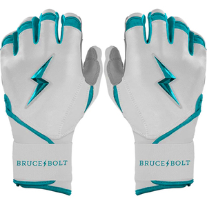 Bruce <b>Bolt</b> White Cyan Leather Batting Gloves Padded <b>Hook</b> And Loop Closure Unisex Adult Training - Product Image 1