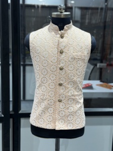 Veste Nehru de luxe en jacquard brodé or ivoire pour homme, gilet ethnique indien haut de gamme avec broderie florale, protection solaire, pour mariage - Product Image 1