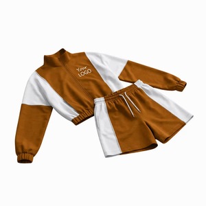Conjunto Deportivo Unisex Azul y Blanco con Bloques de Color, Manga Larga, Cuello Alto, Pantalones Cortos con Cordón, Transpirable, Estilo Deportivo, Ropa de Otoño - Product Image 3
