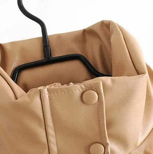 Unisex Beige PU Puffer <b>Jacket</b> Stand Collar Zipper Closure Thick Windproof Winter Coat Casual Short Length Solid Color - Product Image 3