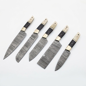 Ensemble de couteaux de cuisine professionnels en acier Damas, 5 pièces, couteaux de chef, manche en os, entretoise noire, bolster en laiton, vente en gros, B2B, OEM - Product Image 6