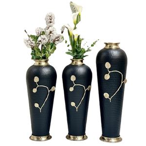 Handcrafted <b>Black</b> Metal Flower Vase Set Of 3 Antique Hammered Iron Vases With <b>Gold</b> Leaf Accents For Home Living Room <b>Decor</b> - Product Image 1