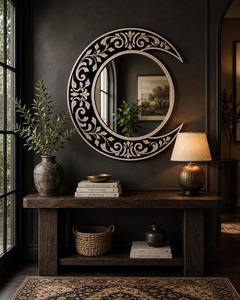 Miroir mural en forme de lune avec incrustation d'os fait main, design floral noir et blanc, cadre en bois décoratif pour la décoration de la maison - Product Image 5
