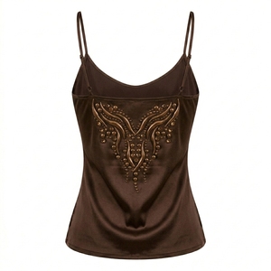 Élégante Camisole Marron en Soie Satinée à Bretelles Fines avec Ornements Perlés pour Femme, Col Rond - Product Image 2