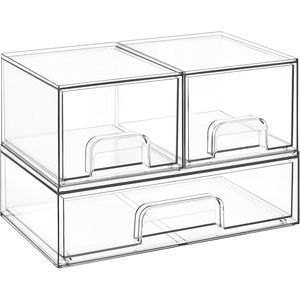 Set di 3 Organizzatori per Trucchi, Cassetti Impilabili in Plastica Trasparente per Cosmetici, Prodotti di Bellezza, Vanità e Bagno - Product Image 1