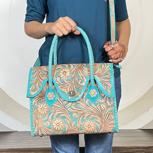 Sac fourre-tout en cuir véritable turquoise Western 2026 pour femme, fait main, avec motifs floraux gravés et bandoulière - Product Image 4