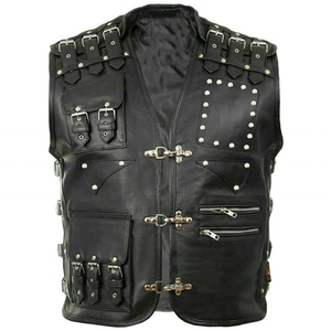 Gilet sans manches en cuir PU noir pour homme avec plusieurs poches, décoration à rivets, fermeture à trois boutons, style motard - Product Image 1