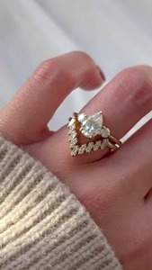 925 <b>Silver</b> Pear Cut Moissanite Bridal <b>Set</b> with Chevron Band Two Band Wedding <b>Set</b> Elegant Engagement <b>Ring</b> <b>Set</b> Fine Jewelry - Product Image 2