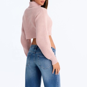 Suéter de punto grueso rosa para mujer, el más vendido, de cuello alto, corto, informal, de manga larga, liso, a precio económico - Product Image 2
