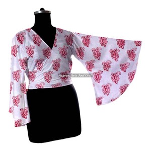 Top indio de algodón para mujer, estilo hippie retro, con lazo en la parte delantera, manga acampanada, estampado floral, informal, para fiesta, talla única - Product Image 5