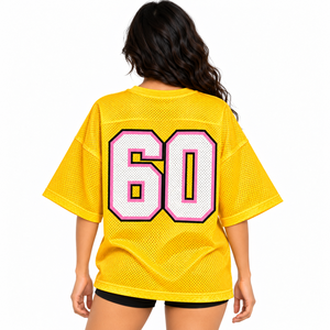 Gelbes Übergroßes Damen-Mesh-Trikot mit Cartoon-Grafikdruck Maßgeschneiderte Teamkleidung Streetwear-Shirt OEM Großhandel Hersteller - Product Image 2