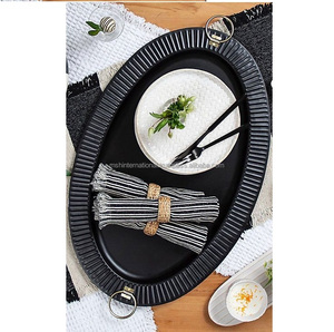 Black Oval Handmade <b>Serving</b> <b>Tray</b> <b>Gold</b> Handles Checkered Pattern Powder Coated Finish Ms Hussain International Restaurant Use - Product Image 4