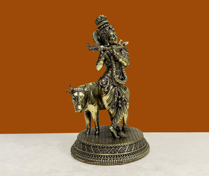 Traditional Brass Krishna Playing Flute <b>Statue</b> Cow Handmade Religious Figurine Nirmala Handicrafts Rajasthan for Home - Product Image 5