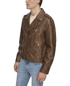 Men's Brown Genuine <b>Leather</b> Moto <b>Jacket</b> Turn-down Collar Zipper Closure Regular Fit Solid Color <b>Jacket</b> Available For Online Sale - Product Image 4