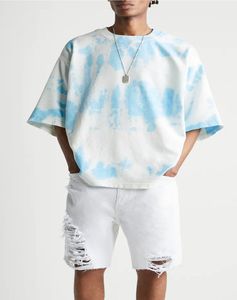 Camiseta de Moda para Hombre, Cómoda, con Estampado Tie-Dye Azul, 100% Algodón, Tejido de Punto, Manga Corta, Cuello Redondo, Estilo Urbano, Gráfico - Product Image 1