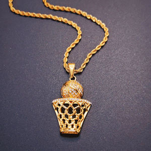 Collar con colgante de baloncesto chapado en oro amarillo macizo sobre plata, con incrustaciones, estilo hip hop, joyería deportiva con cuerda y red de baloncesto - Product Image 2
