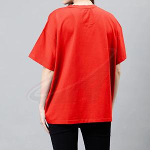 Camiseta Roja de Cuello Redondo y Manga Corta para Mujer, Corte Holgado, Color Sólido, 100% Algodón Tejido, Largo Regular, para Todas las Temporadas - Product Image 4