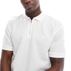 Polo piqué blanc à manches courtes pour homme, fermeture éclair, coupe décontractée, 100 % coton, respirant, tricoté, design uni - Product Image 6