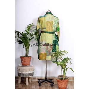 Kimono pour femmes, design japonais, 100% coton, léger, col en V, fermeture à cordon, manches longues, imprimé floral, poches Kantha - Product Image 6