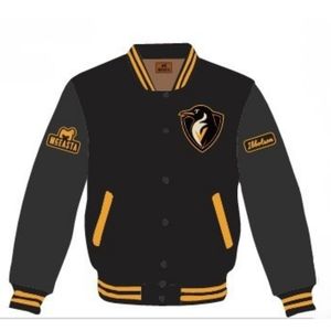 Blouson universitaire d'hiver personnalisé pour homme, col montant, logo pingouin sur le devant, corps en laine, broderies chenille - Product Image 1