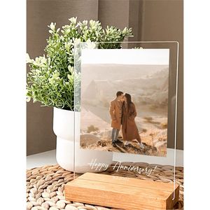 Modern T-Shape Transparent Acrylic Picture <b>Frame</b> Wood Base Table Top Photo Display Holder for Wedding Decor Acrylic Photo <b>Frame</b> - Product Image 3