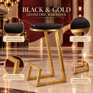 Tabouret de bar géométrique noir et or de qualité supérieure |   Siège rond rembourré avec structure métallique angulaire et base ouverte, mobilier de comptoir moderne - Product Image 5