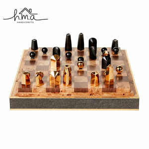 Luxury Brass & Black Geometric <b>Chess</b> <b>Set</b> with Wooden <b>Board</b> – Modern Metallic Décor, Gold Colour, Abstract Shape Design - Product Image 1