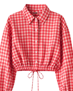 Chemise Courte Femme Personnalisée à Carreaux Vichy Rouge et Blanc, Taille à Cordon, Manches Longues, Boutonnée, Décontractée, Fabrication OEM Personnalisée - Product Image 1