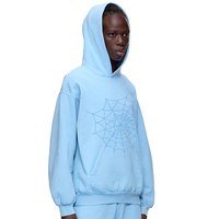 Açık Mavi Erkek %100 Pamuklu Oversize Kesim Örme Kapüşonlu Sweatshirt Düz Örümcek Ağı Baskılı Çevre Dostu Nefes Alabilen Hızlı Kuruyan Kışlık