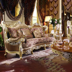 Ensemble de canapés de salon de villa de luxe en bois de mahogany massif doré, design français, sculpté à la main, rembourré et capitonné - Product Image 2