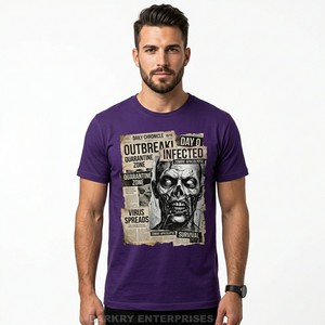 Camiseta Gráfica Morada para Hombre al por Mayor, Estampado de Collage de Periódico 'Outbreak Infected', Fabricante de Ropa Urbana de Algodón Personalizada - Product Image 1