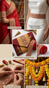 ขอบลูกไม้ลายดอกไม้สีทองอร่ามประดับมุกเย็บมือ  แบบรักษ์โลก  หรูหรา โรแมนติก  ตกแต่งขอบด้วยผ้าตาข่าย  งาน JK Creation ขนาด 2''-2.875 นิ้ว - Product Image 2