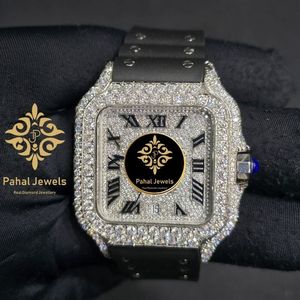Montre de luxe Pahal Jewels avec diamants carrés, boîtier en acier inoxydable, bracelet en cuir, mouvement mécanique analogique, 40 mm, 20 mm, verre saphir - Product Image 1