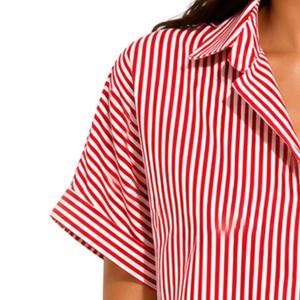 Camisa corta a rayas rojas y blancas personalizada para mujer, logotipo bordado personalizado, blusa informal de verano con botones y manga corta, OEM - Product Image 3